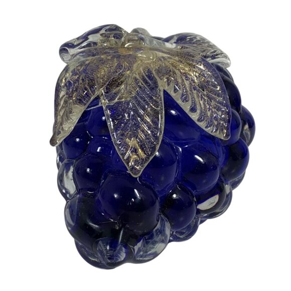 Vintage Handcrafted Blue Glass Grape Figurine Gold Leaf Accents Murano-Style - Picture 5 of 8